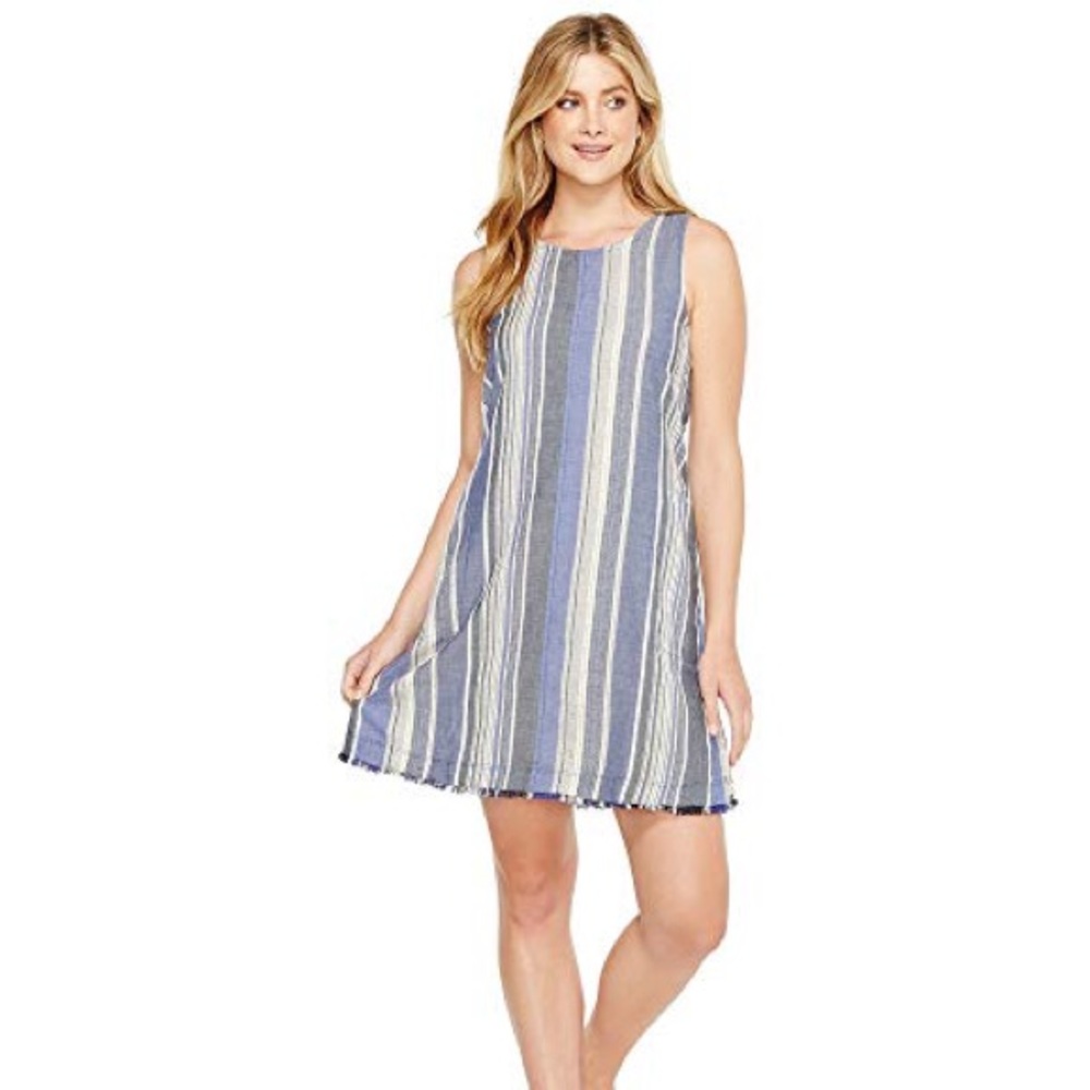 Dylan Linen Dress Indigo Stripes A-Line Fringe